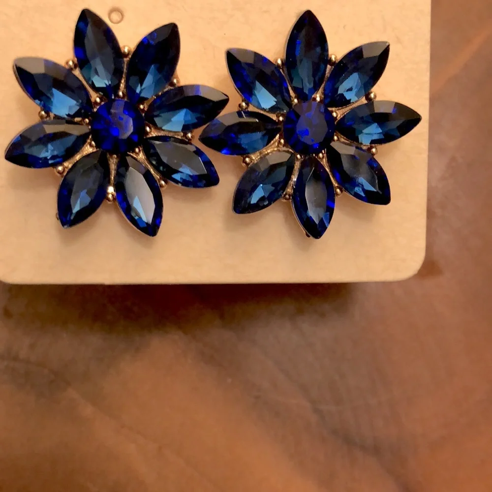 Sapphire Blue + Gold Crystal Flower Statement Earrings